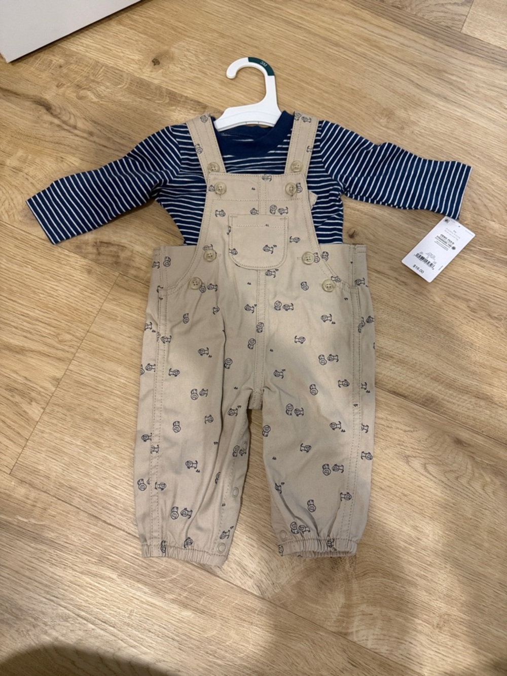Carter's Navy Striped Shirt with Beige Printed Overalls
